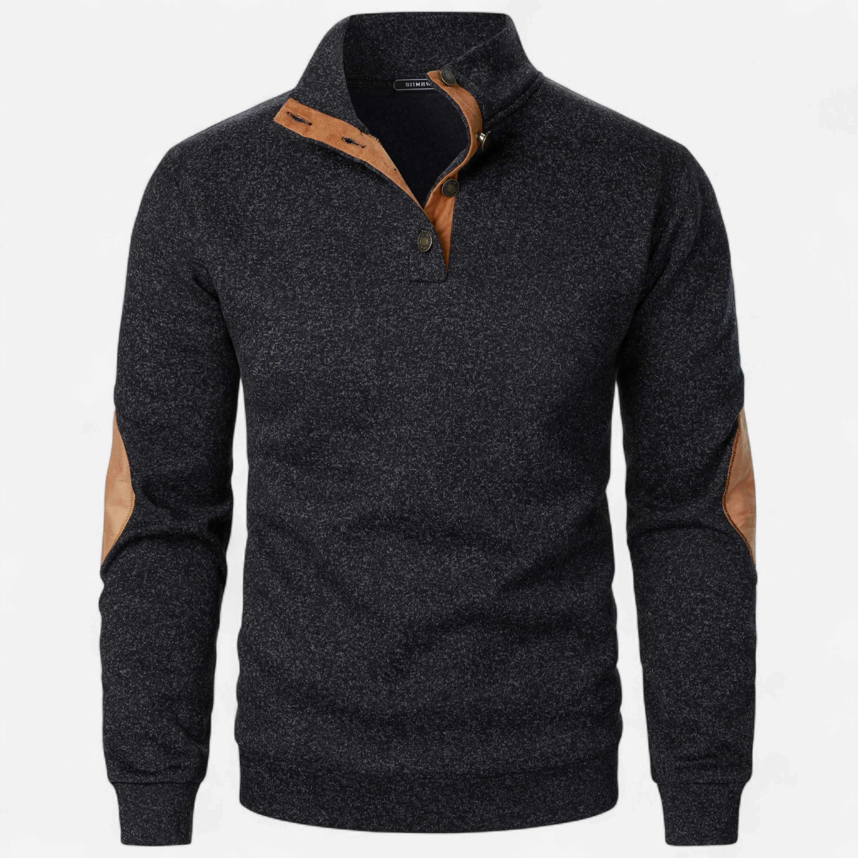 Men’s Knitted Jumper | Stand Collar Half Button Pullover With Elbow Patches