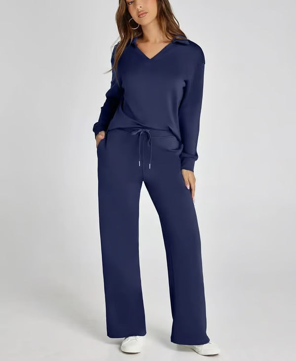 Loungewear Set | V Neck Top with Wide Leg Trousers