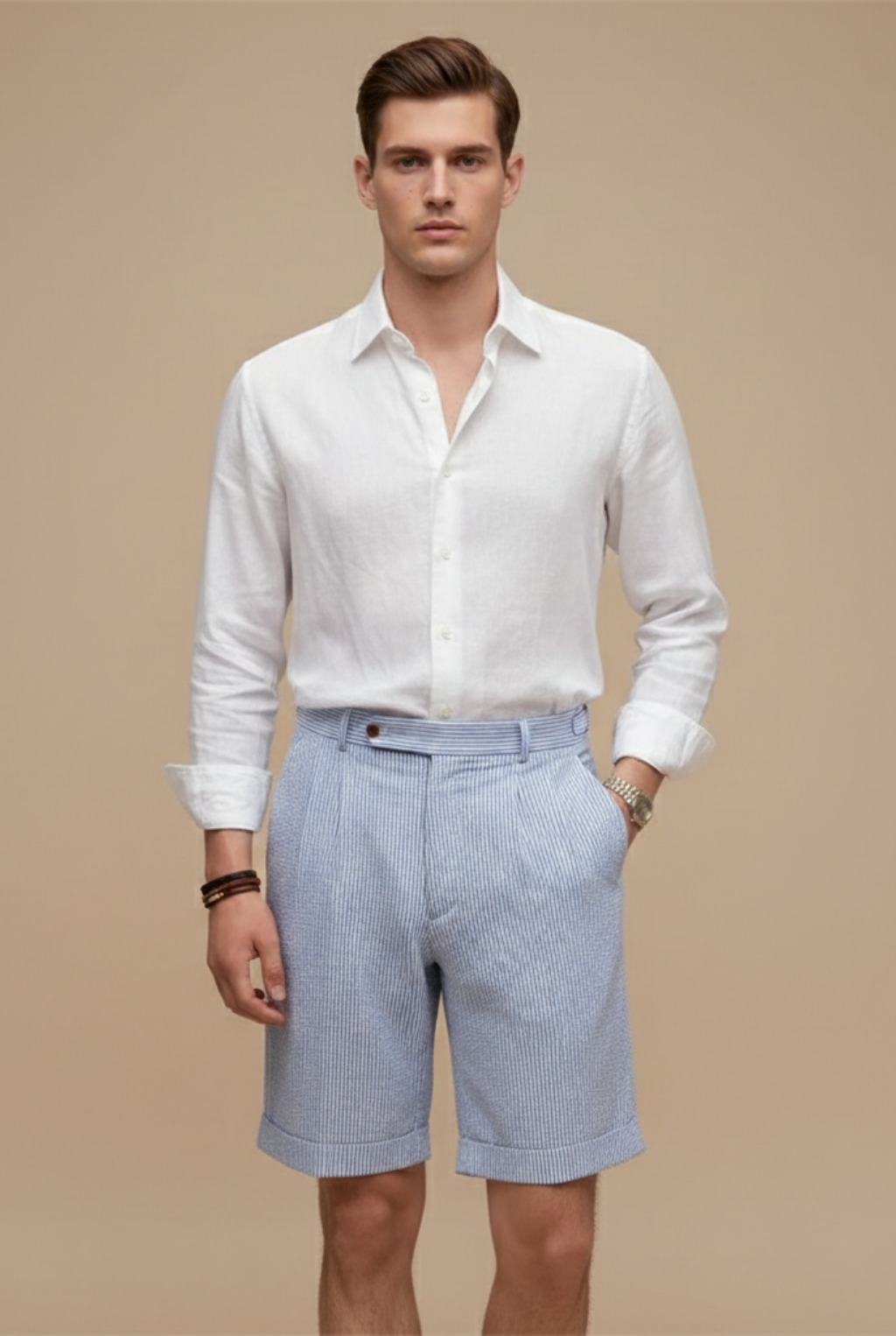 Striped Turn-Up Hem Pleated Chino Shorts