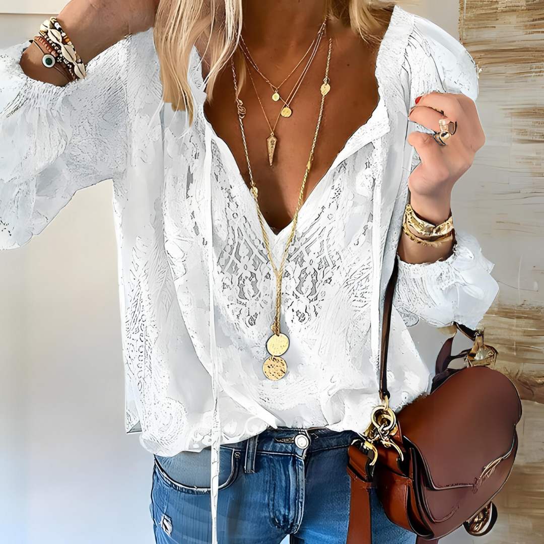 Elegant Boho Blouse Women's Lace V Neck