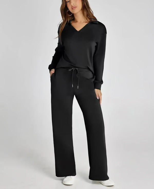 Loungewear Set | V Neck Top with Wide Leg Trousers