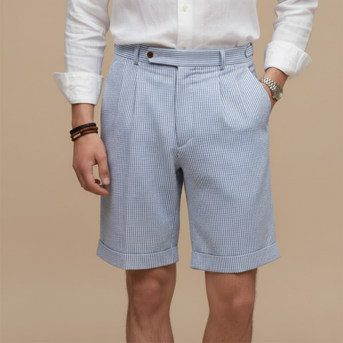 Striped Turn-Up Hem Pleated Chino Shorts