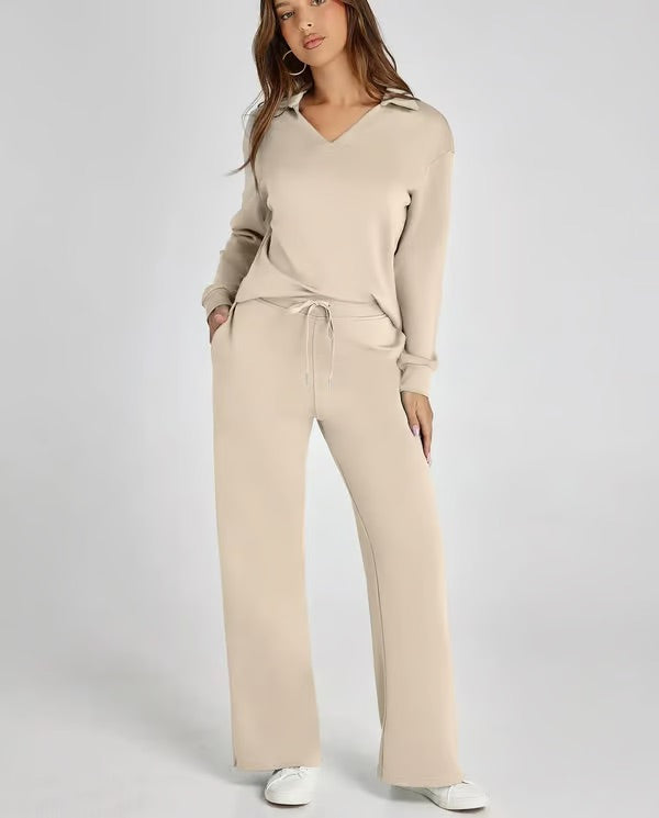 Loungewear Set | V Neck Top with Wide Leg Trousers