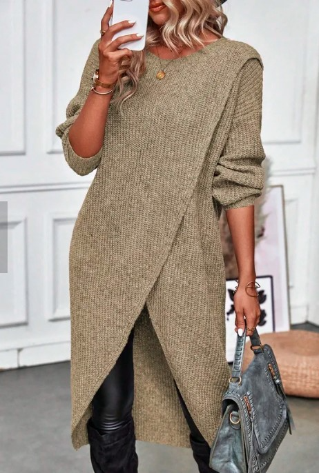 Knit Midi Wrap Dress | Long Sleeve Asymmetric Hem