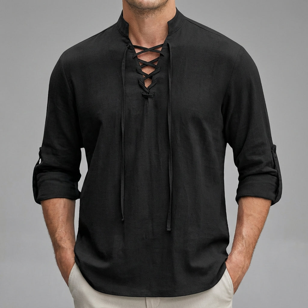 Men’s Henley Lace-Up Long Sleeve Shirt