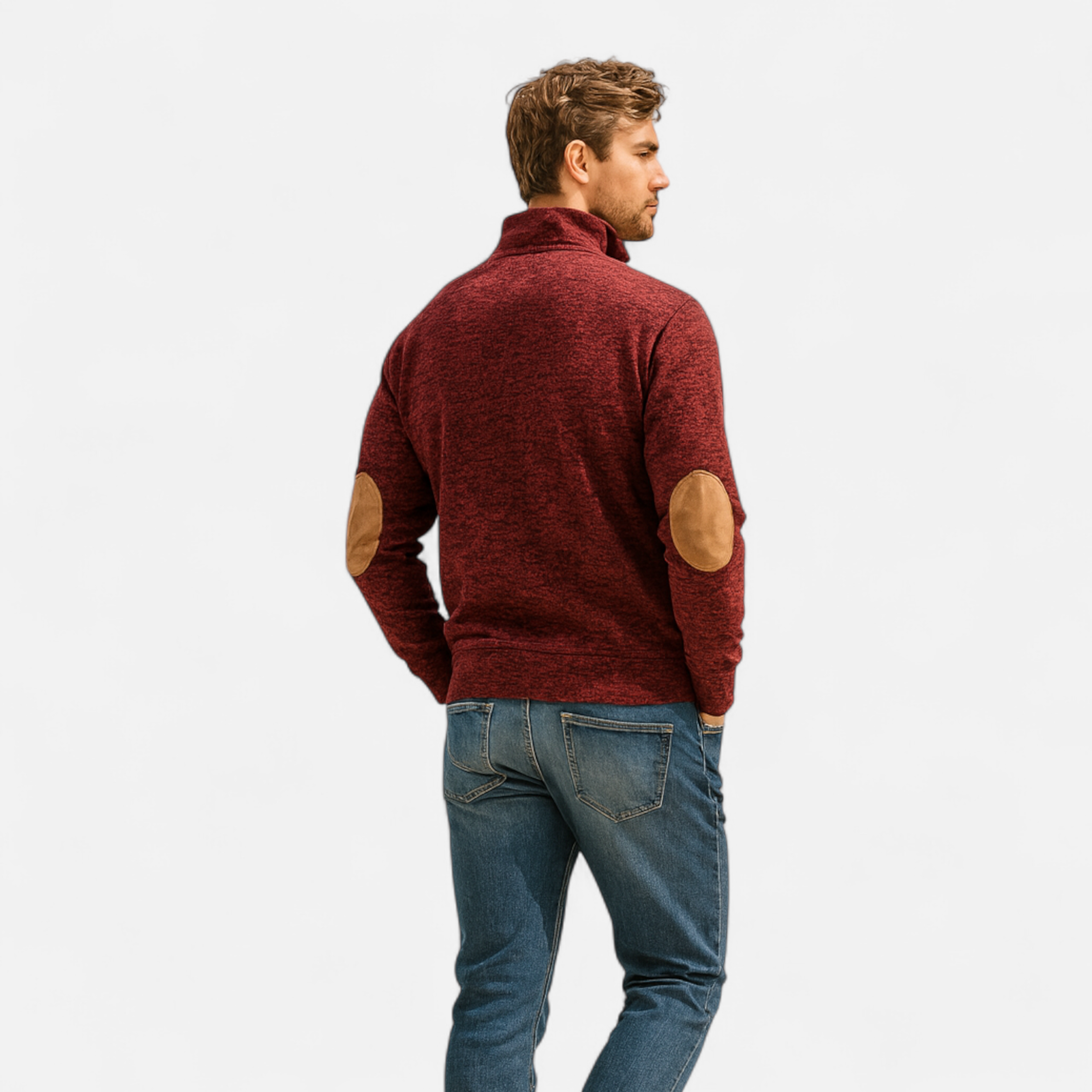 Men’s Knitted Jumper | Stand Collar Half Button Pullover With Elbow Patches