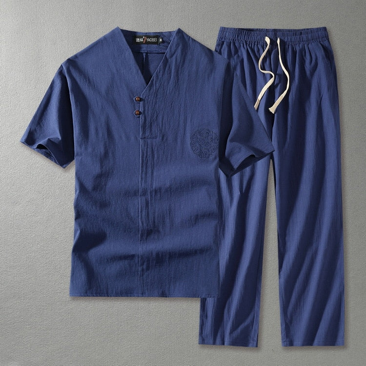 Linen Co-Ord Set Men's V Neck Trousers