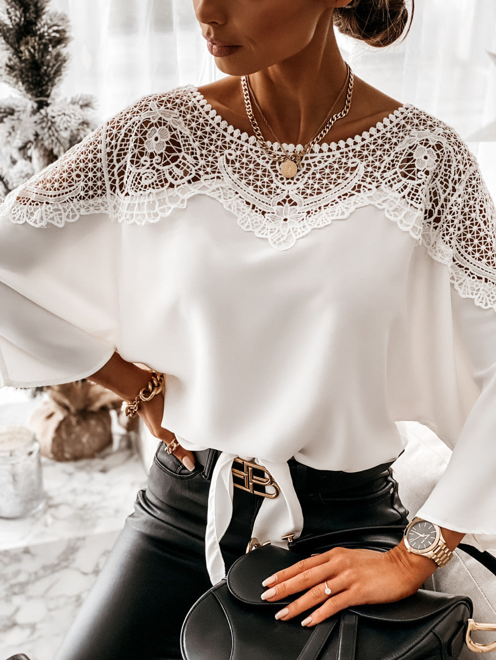 Long Sleeve Lace Yoke Blouse