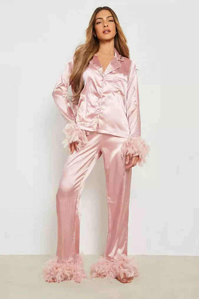 Pajama Set | Feather Trim Top and Relaxed Fit Bottoms