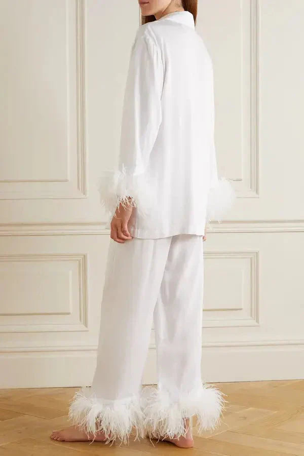 Pajama Set | Feather Trim Top and Relaxed Fit Bottoms