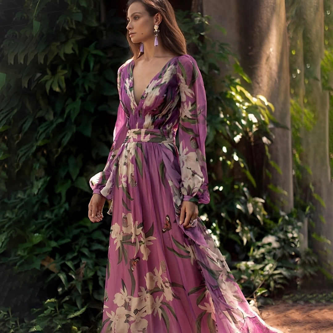 Women's Floral Long Sleeve Flowy Maxi Dress