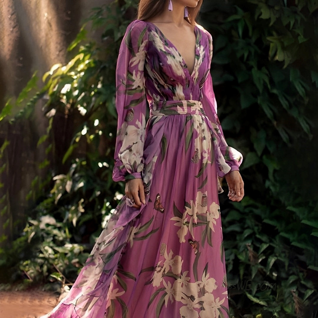 Women's Floral Long Sleeve Flowy Maxi Dress