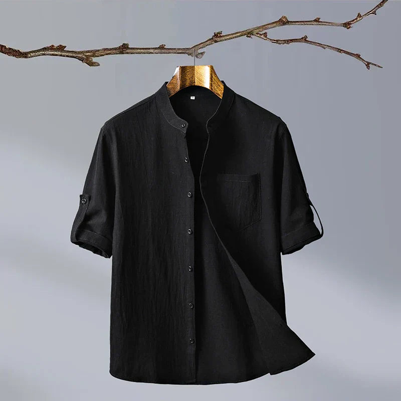 Mandarin Collar Shirt | Linen Short Sleeve