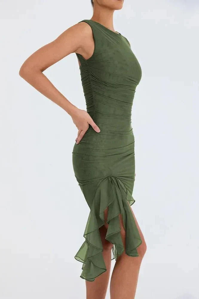 Midi Dress | Women's Ruched Asymmetric Hem