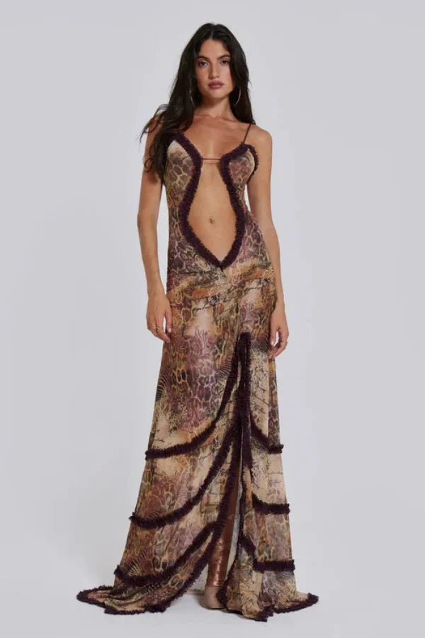Women's Sheer Animal Print Maxi Dress