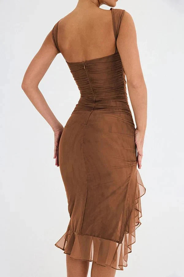 Midi Dress | Women's Ruched Asymmetric Hem