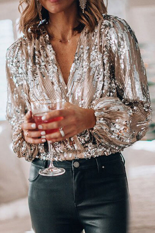 Sequin Wrap Blouse - Long Sleeve Deep V Neck