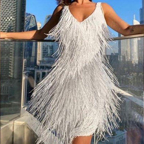 Party Mini Dress | Fringe Detail with V Neck