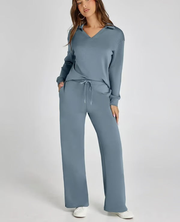 Loungewear Set | V Neck Top with Wide Leg Trousers