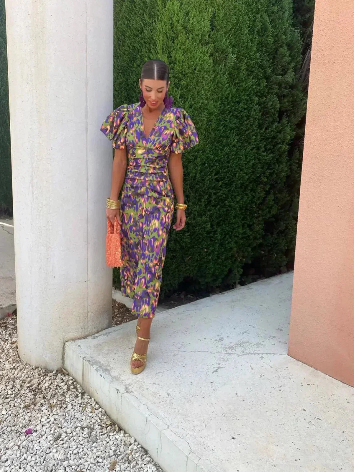 Women's Puff Sleeve Print Midi Dress