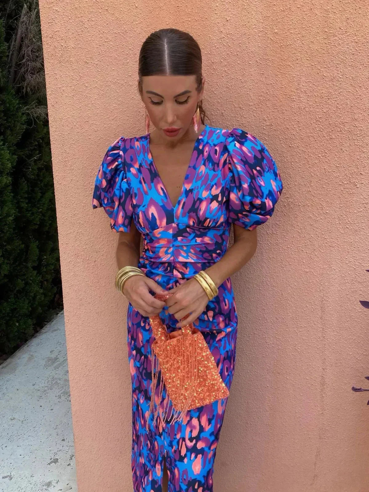 Women's Puff Sleeve Print Midi Dress