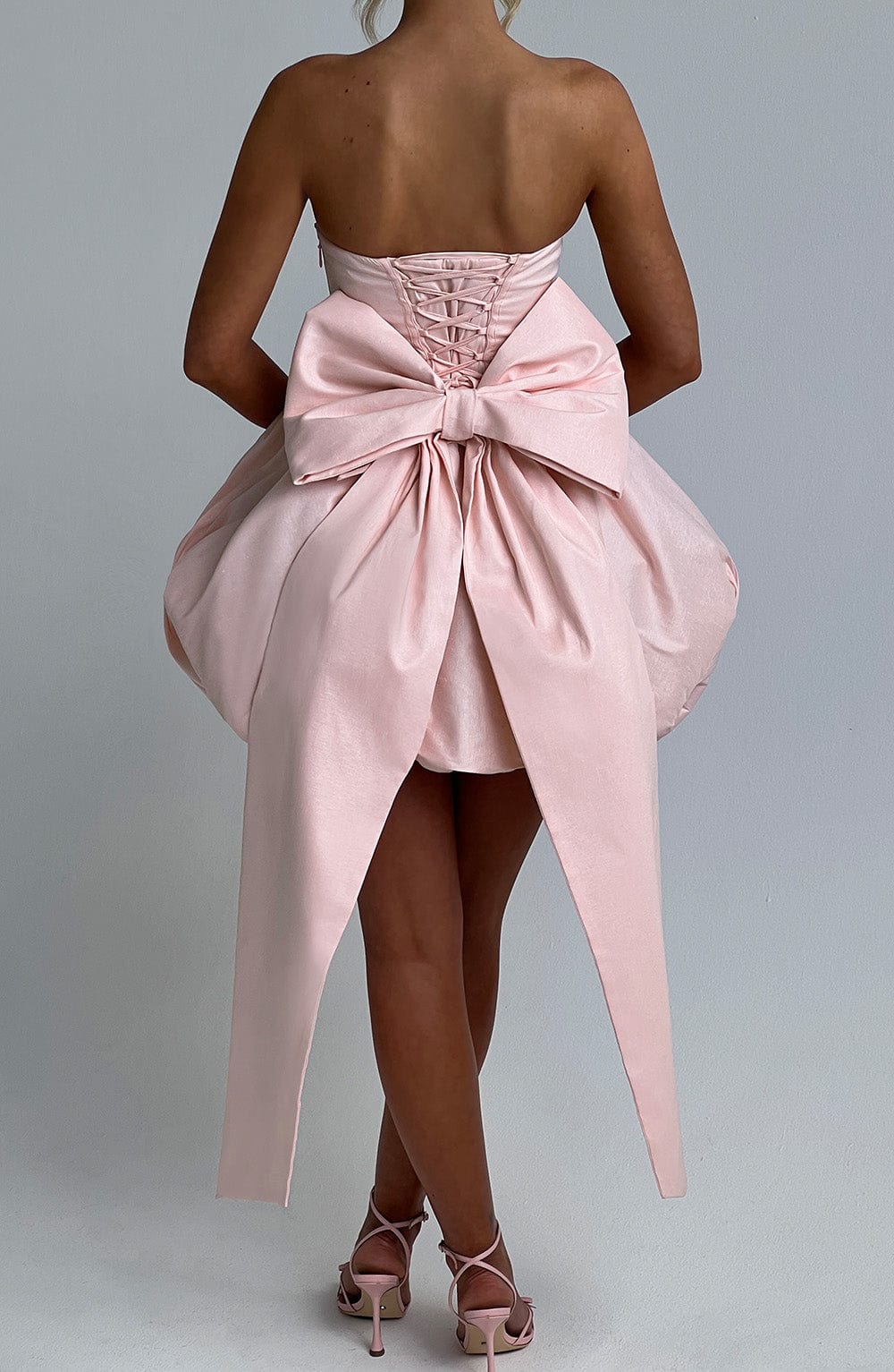 Women’s Strapless Puff Ball Mini Dress | Boned Bodice Lace Up Back With Detachable Bow