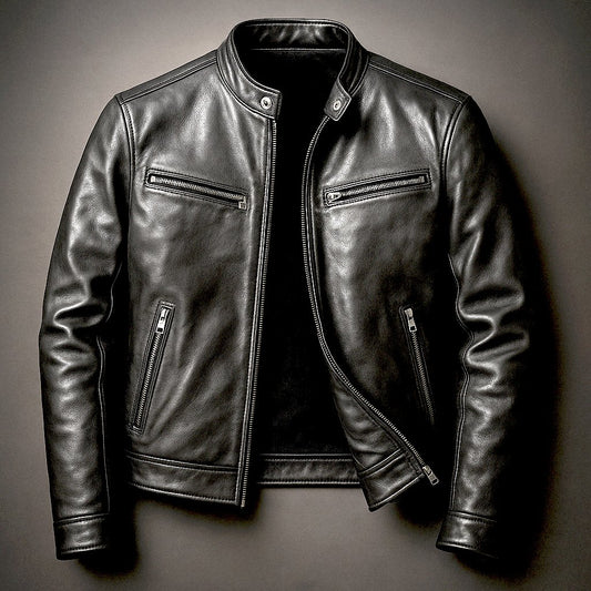 Men's Vintage Leather Jacket with Racer Collar Front