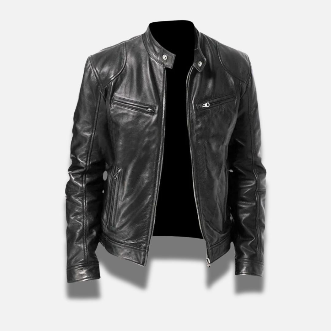 Men's Leather Band Collar Racer Jacket