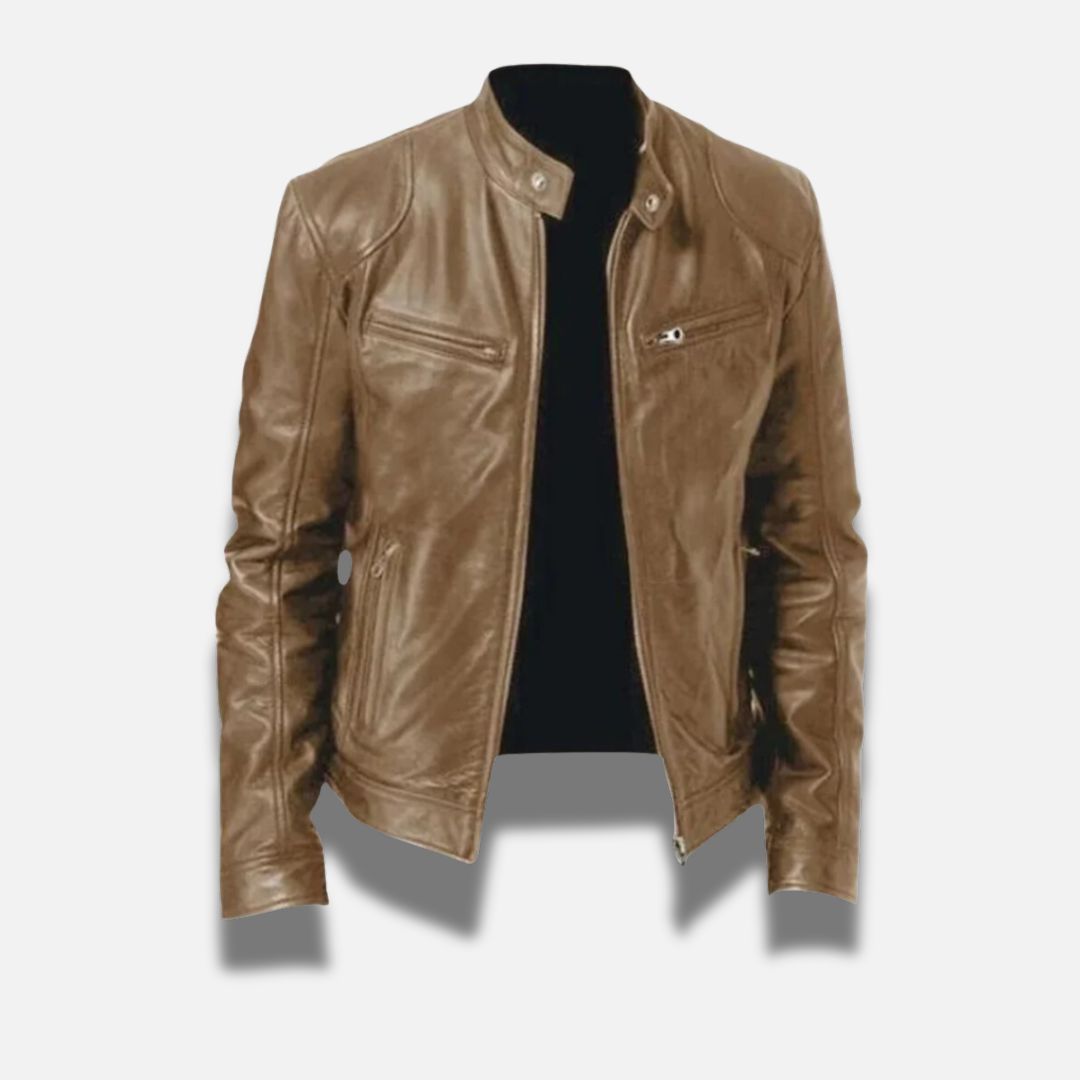 Men's Leather Band Collar Racer Jacket