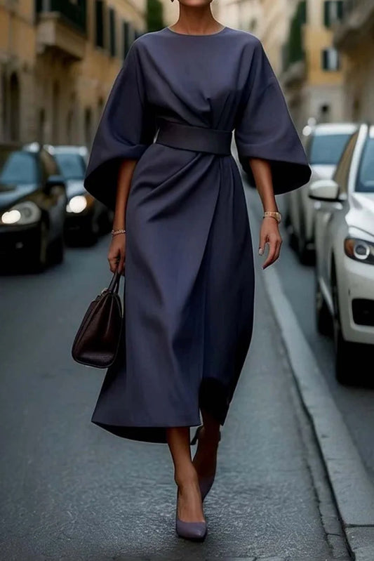 Women's Elegant Lantern Sleeve Dress with Waist Belt Front