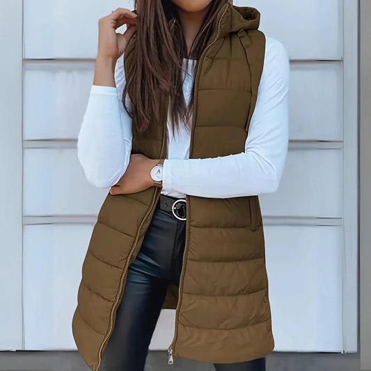 Women's Longline Hooded Sleeveless Puffer Vest for Layering Front