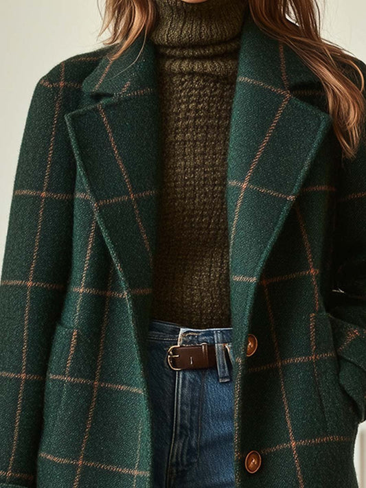 Women's Retro Plaid Tweed Coat with Lapel Collar Front
