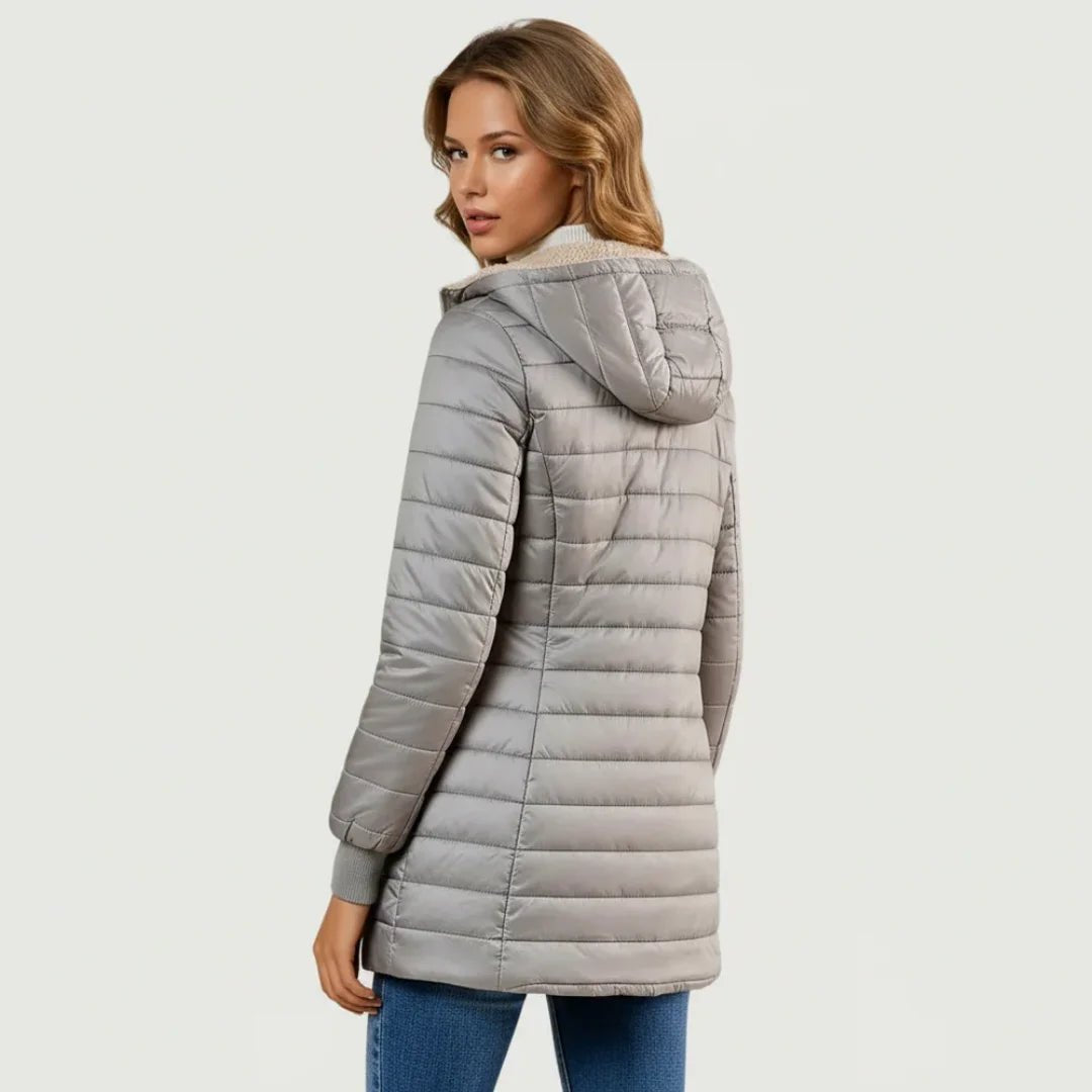 Women's Sherpa-Lined Puffer Jacket with Ribbed Cuffs and Hood Side