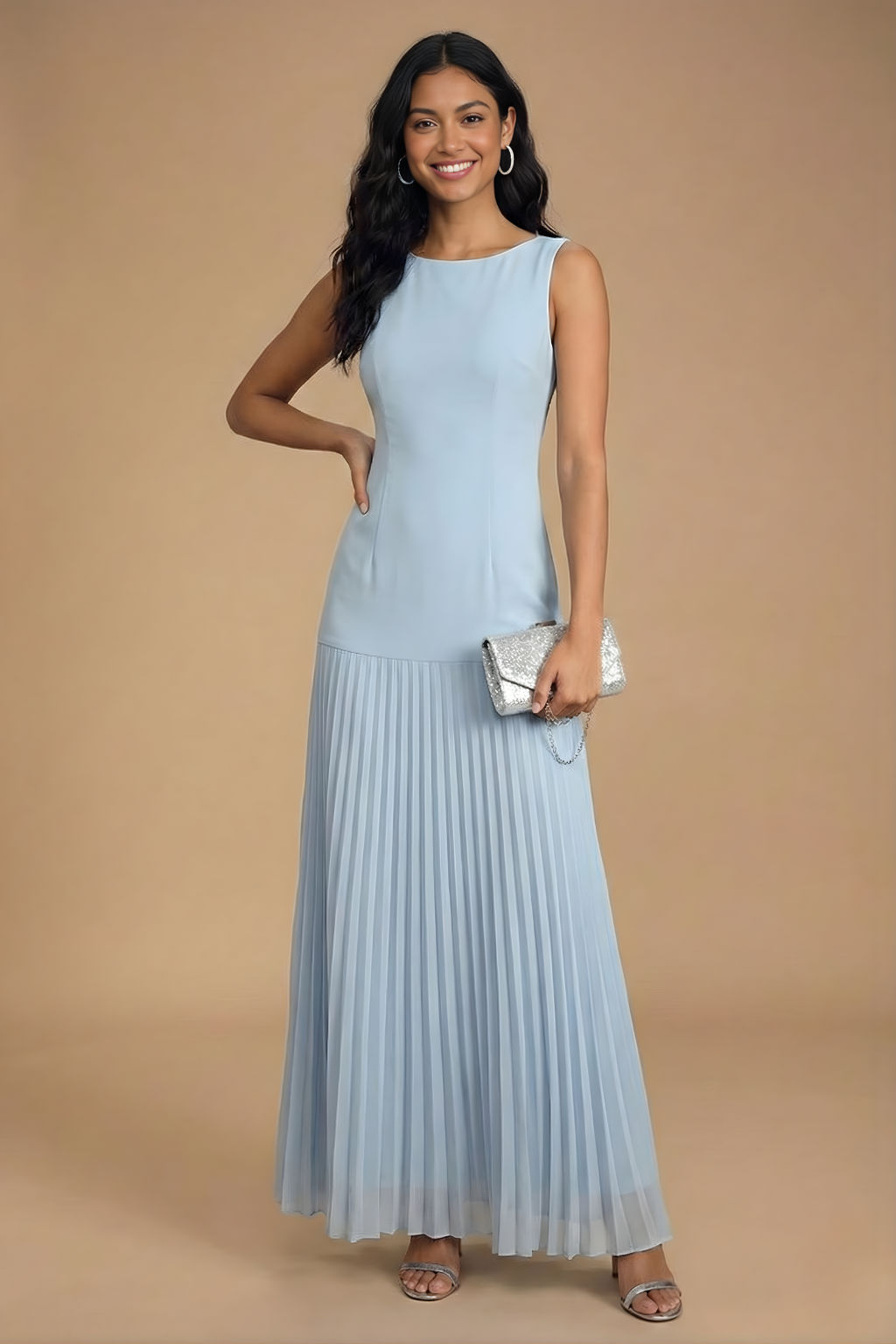 Refined Pleated Boat Neck Maxi Dress