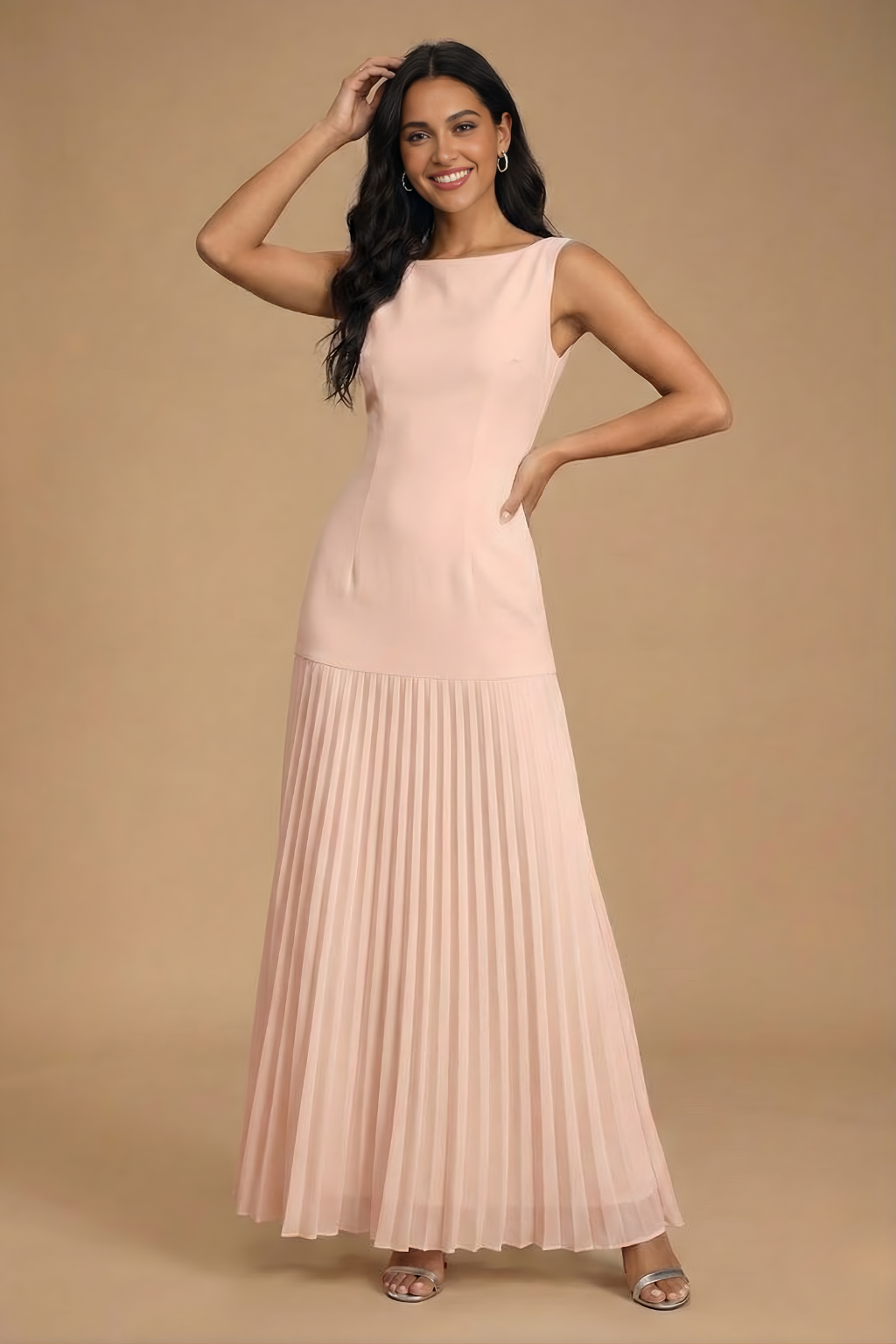 Refined Pleated Boat Neck Maxi Dress