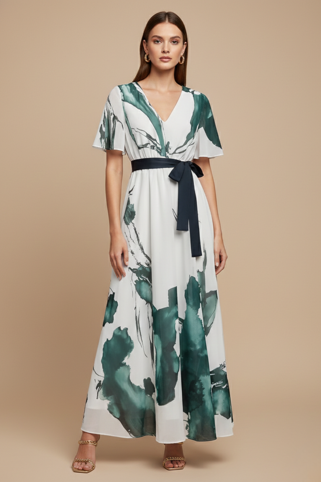 Chiffon Printed V-Neck Maxi Dress