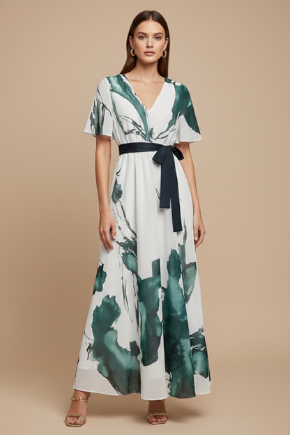 Chiffon Printed V-Neck Maxi Dress
