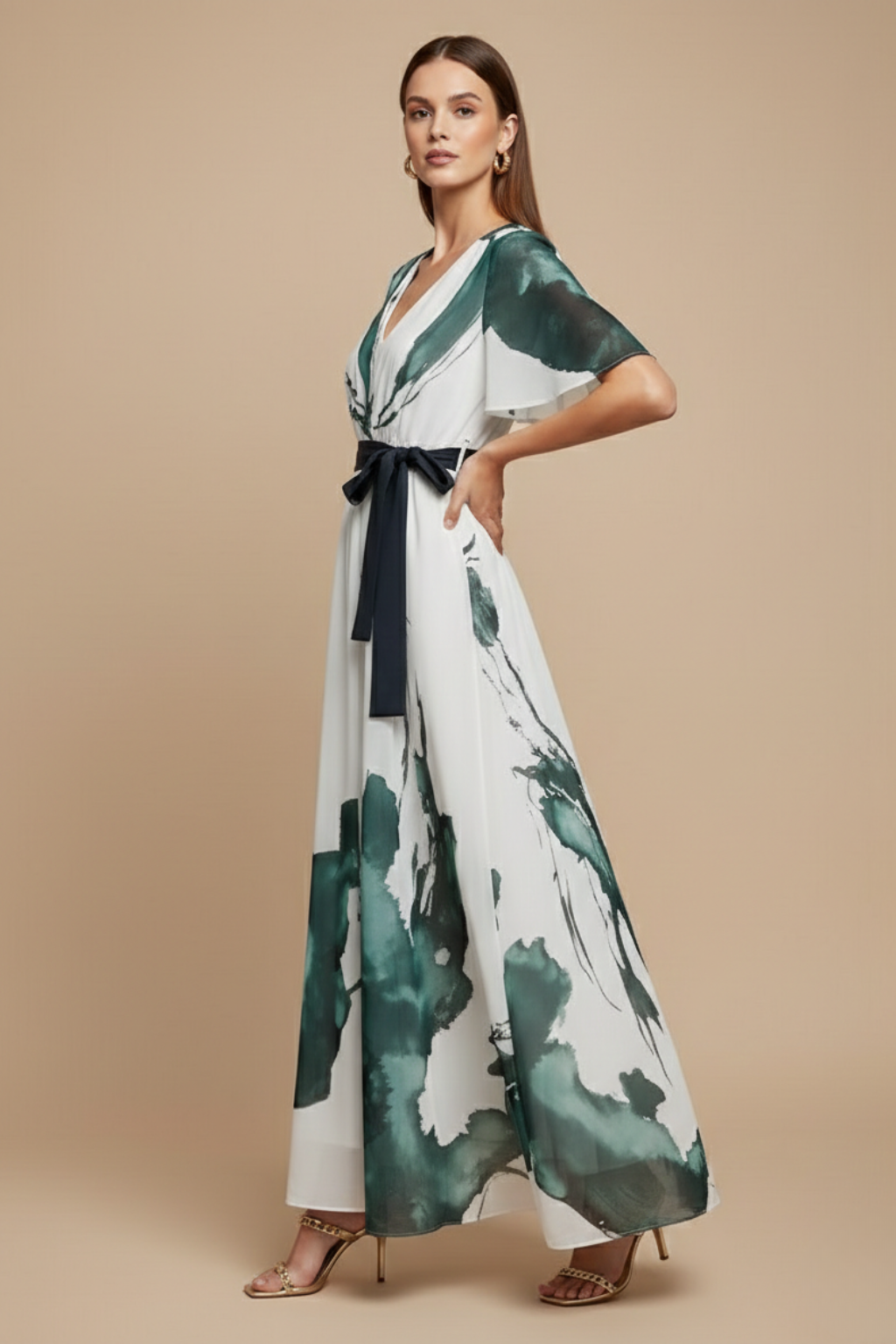Chiffon Printed V-Neck Maxi Dress
