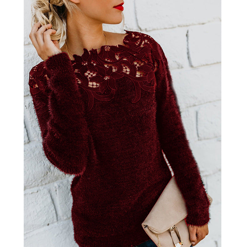 Long Sleeve Knit Jumper | Sheer Floral Neckline Detail