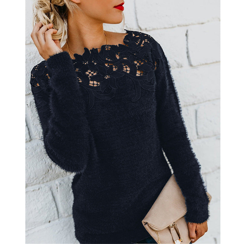 Long Sleeve Knit Jumper | Sheer Floral Neckline Detail