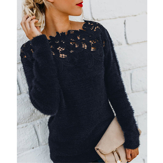 Long Sleeve Knit Jumper | Sheer Floral Neckline Detail