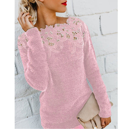 Long Sleeve Knit Jumper | Sheer Floral Neckline Detail