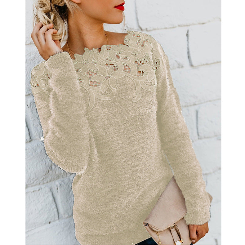 Long Sleeve Knit Jumper | Sheer Floral Neckline Detail