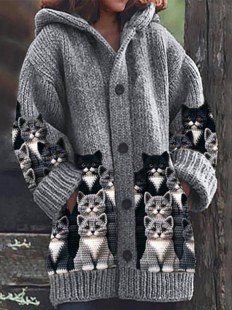 Long Hooded Cardigan | Cat Print Design