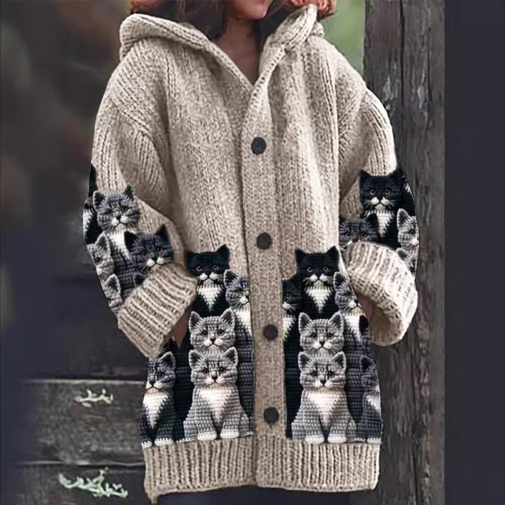 Long Hooded Cardigan | Cat Print Design