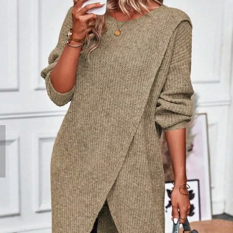 Knit Midi Wrap Dress | Long Sleeve Asymmetric Hem