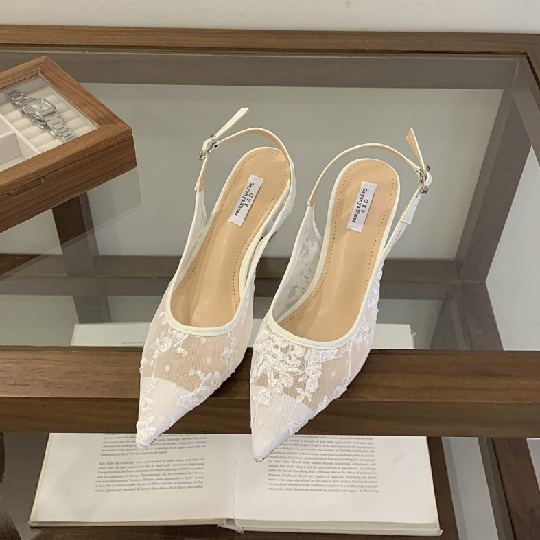Slingback Heels Women's Beaded Lace