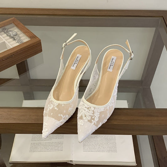 Slingback Heels Women's Beaded Lace