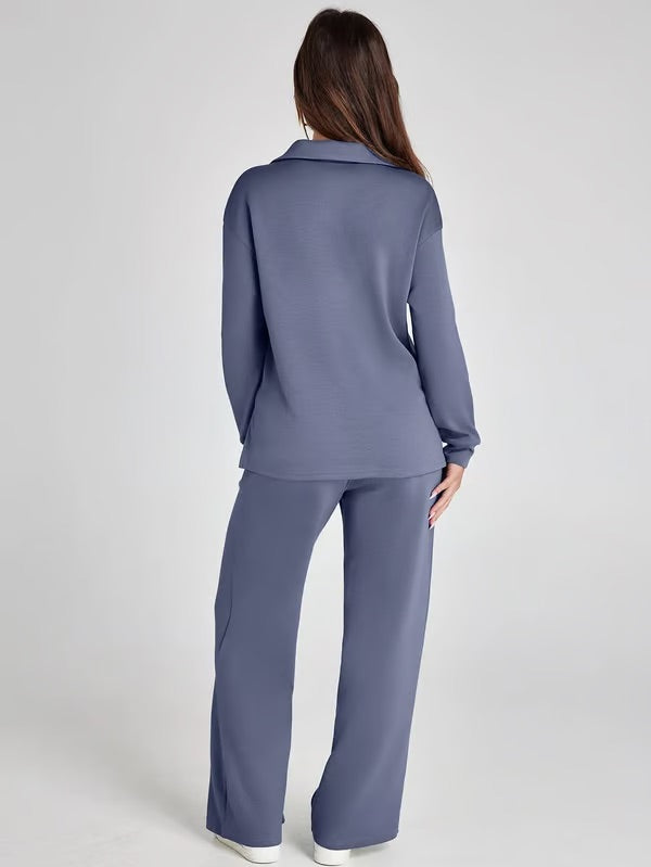 Loungewear Set | V Neck Top with Wide Leg Trousers