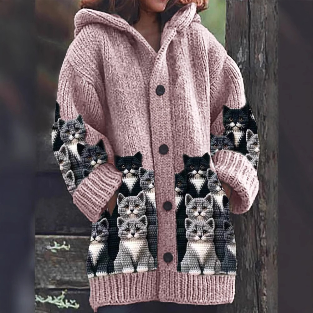 Long Hooded Cardigan | Cat Print Design